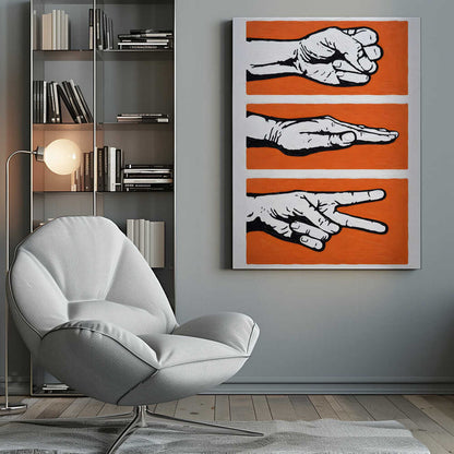 Stylized Rock Paper Scissors game art print, perfect for a game room or office wall.