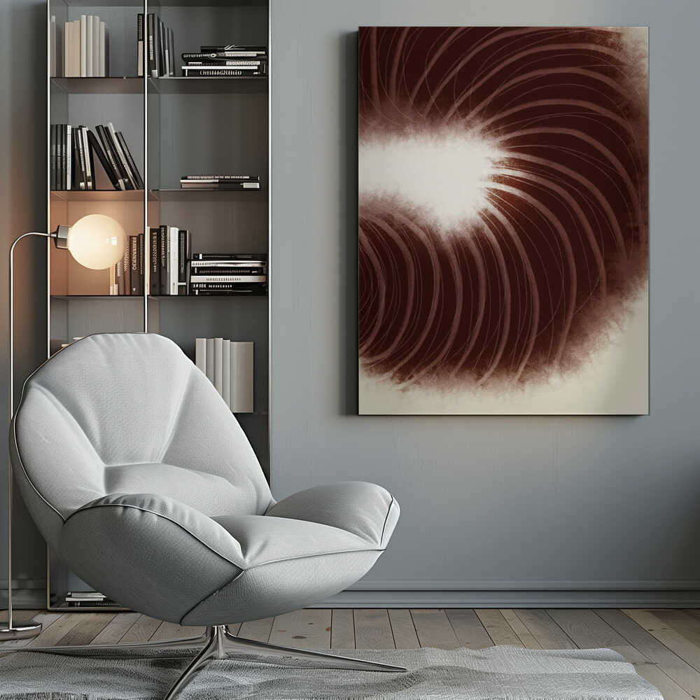 Abstract art with swirling dark brown lines radiating from a soft, bright white center.