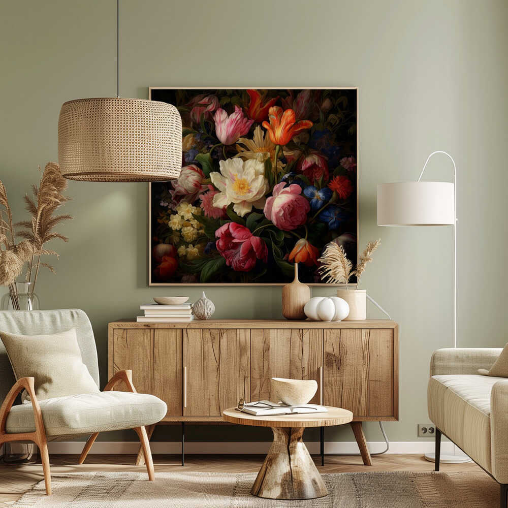 A lush bouquet of colorful tulips and peonies in a dark, vintage still life painting.