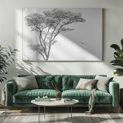 Black and white photograph of a large tree with a single bird flying against a light sky, nature wall art.