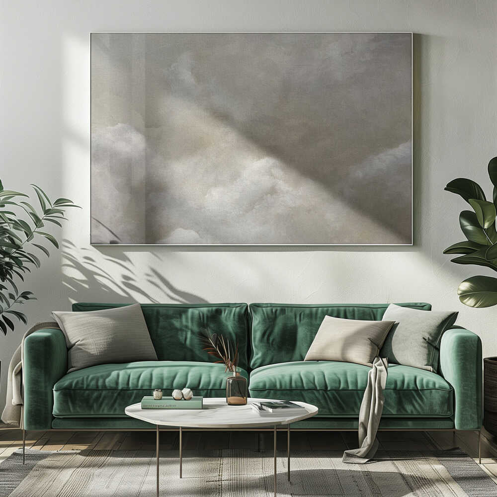 A vintage-style oil painting of fluffy white and grey clouds against a beige sky, enclosed in a silver frame.