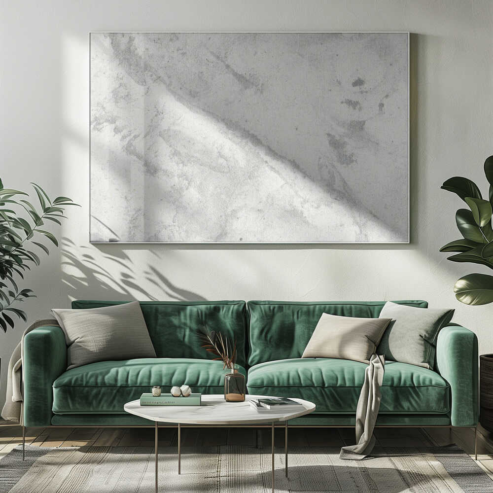 Abstract art with a light grey and white marbled texture in a modern silver frame.