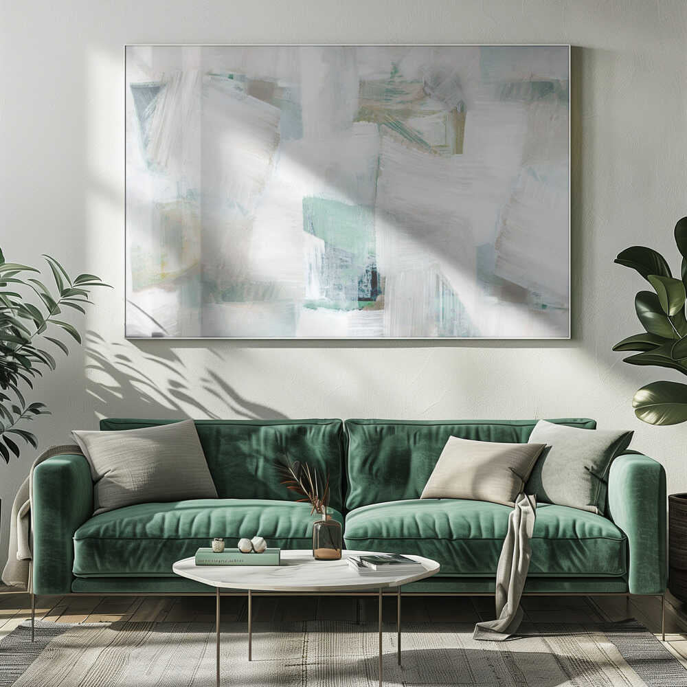 Abstract painting with bold white brushstrokes over a background of soft green, blue, and beige hues in a silver frame.
