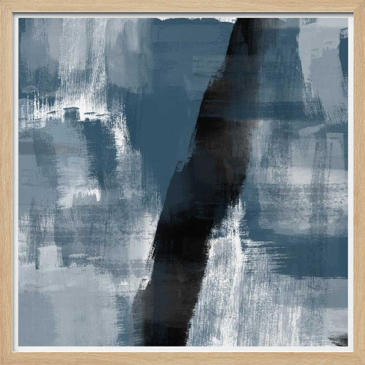 Abstract painting with bold blue, grey, and black brushstrokes in a light wood frame.