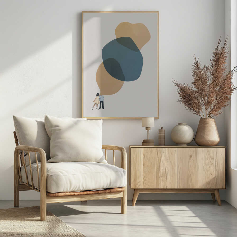 Abstract art with a vintage collage of a kissing couple below large, overlapping blue and beige shapes.