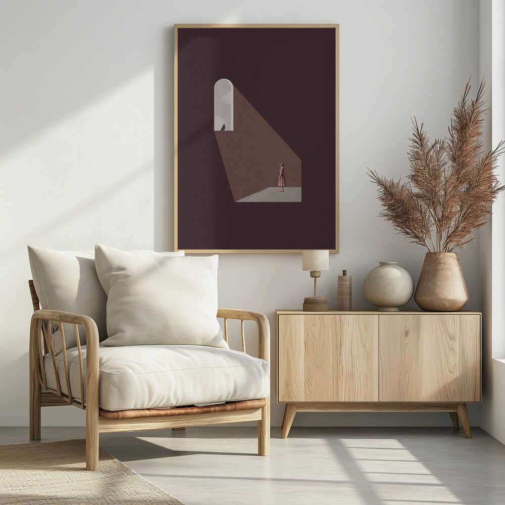 Minimalist art of a woman in a dark room, standing in a beam of light from an arched window with a bird.