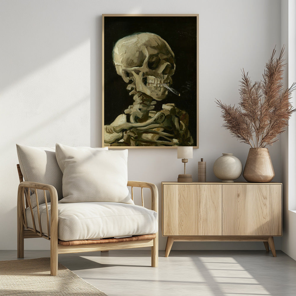 Head of a skeleton with a burning cigarette - Poster / Art Print