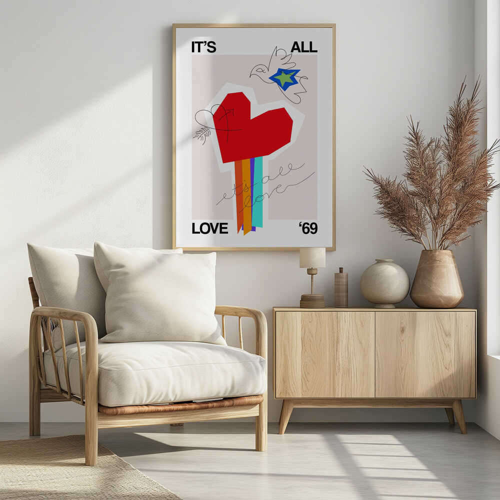 Greige art print with 'It's All Love '69' text and a heart design, ideal as a love poster.