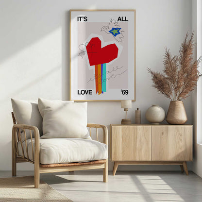 Greige art print with 'It's All Love '69' text and a heart design, ideal as a love poster.