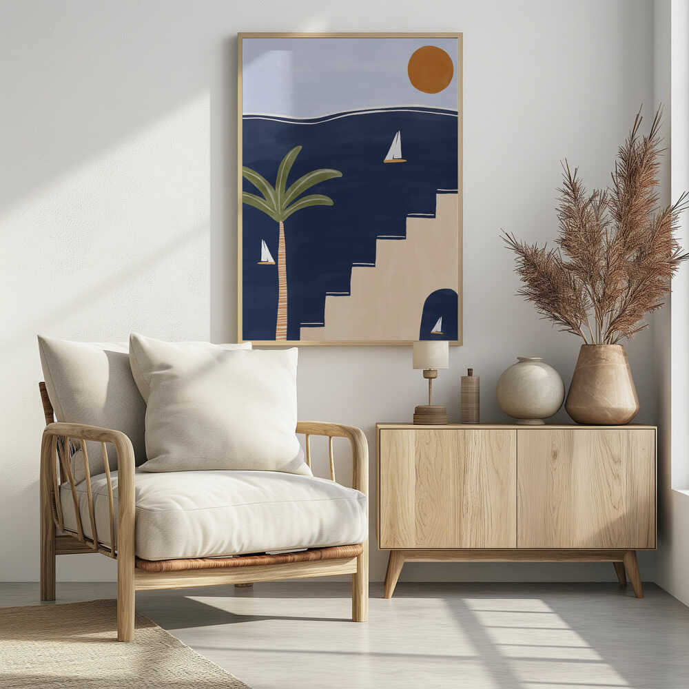 Abstract coastal art with sailboats on a dark blue sea, a palm tree, and beige stairs under a warm sun.
