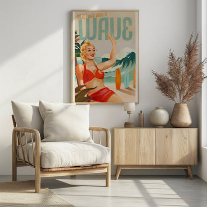 Surfing Pinup Girl On Beach In Bikini - Poster / Art Print
