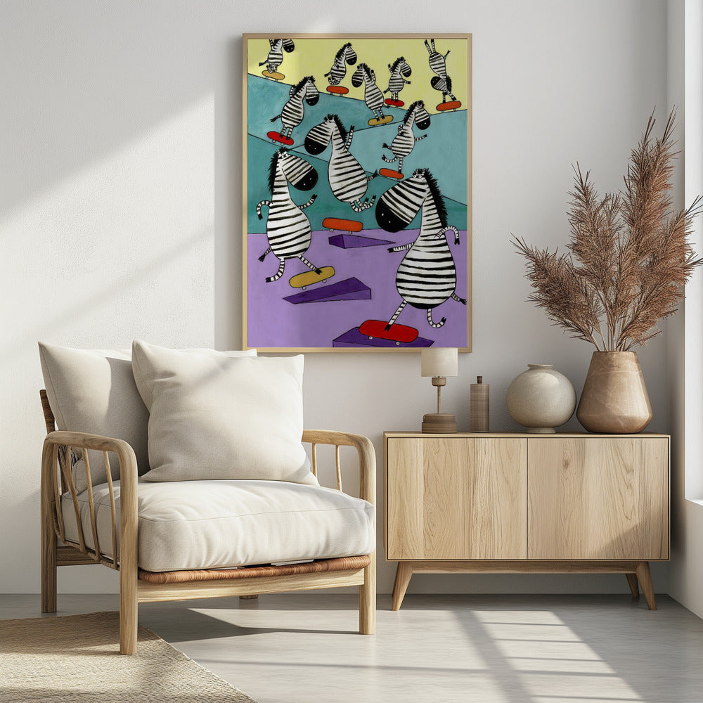 Hilarious Zebras in the Skatepark by Artist Carla Daly - Poster / Art Print