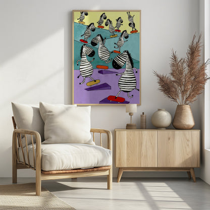 Hilarious Zebras in the Skatepark by Artist Carla Daly - Poster / Art Print