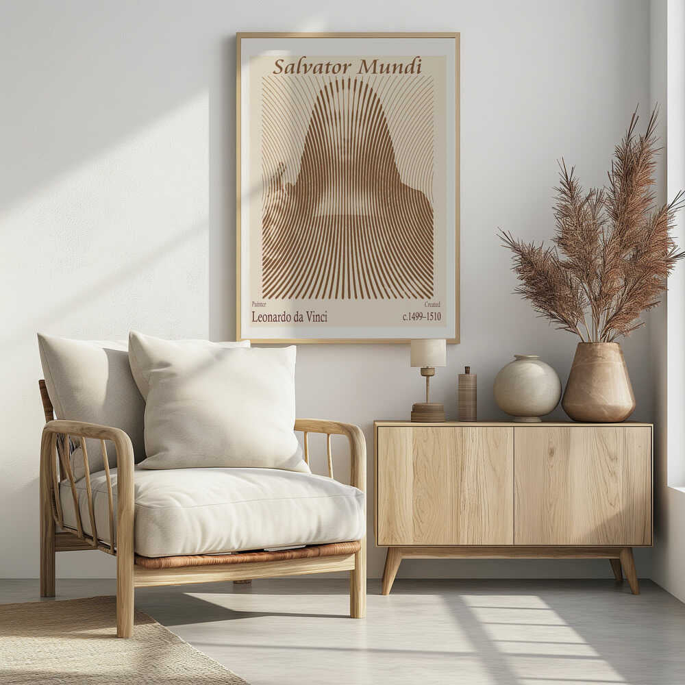 A minimalist poster of Leonardo da Vinci's 'Salvator Mundi', featuring an abstract representation of the figure created with curved brown lines on a cream background. The title is at the top, and the artist's name and creation dates are at the bottom. Decor