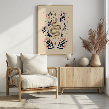 Snake And Flowers Beige And Indigo - Poster / Art Print