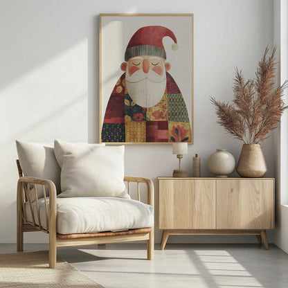 A stylized illustration of a serene Santa Claus with his eyes closed. He wears a textured red hat with a pom-pom and a colorful patchwork coat made of different floral and geometric patterns, all set against a light cream background. Print