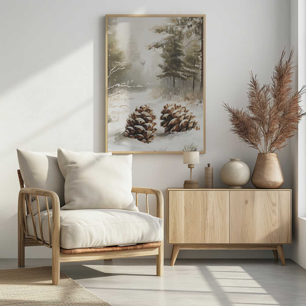 Painting of two large, snow-covered pinecones in a peaceful winter forest during a gentle snowfall.