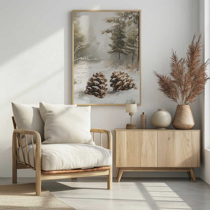 Painting of two large, snow-covered pinecones in a peaceful winter forest during a gentle snowfall.