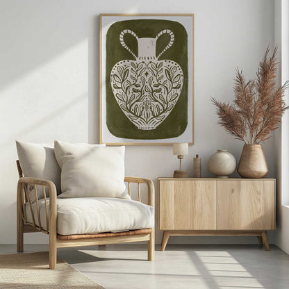 Olive green illustration of a Greek vase, perfect as an art print or poster.
