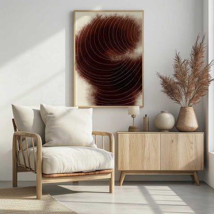 Abstract vortex of fine white lines swirling on a deep, textured brown background.