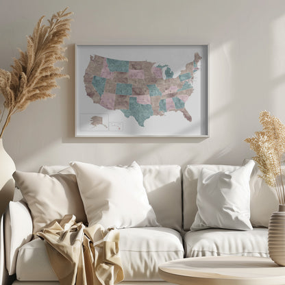 Pink and teal watercolor map of the US - Poster / Art Print