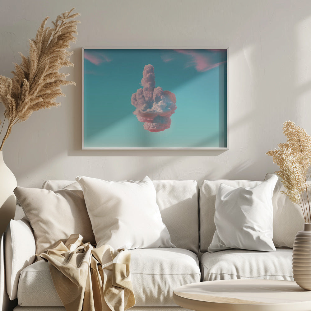 A surreal framed artwork featuring a large pink and white cloud in the shape of a hand giving the middle finger, set against a bright turquoise sky with faint wispy pink clouds. Wall Art