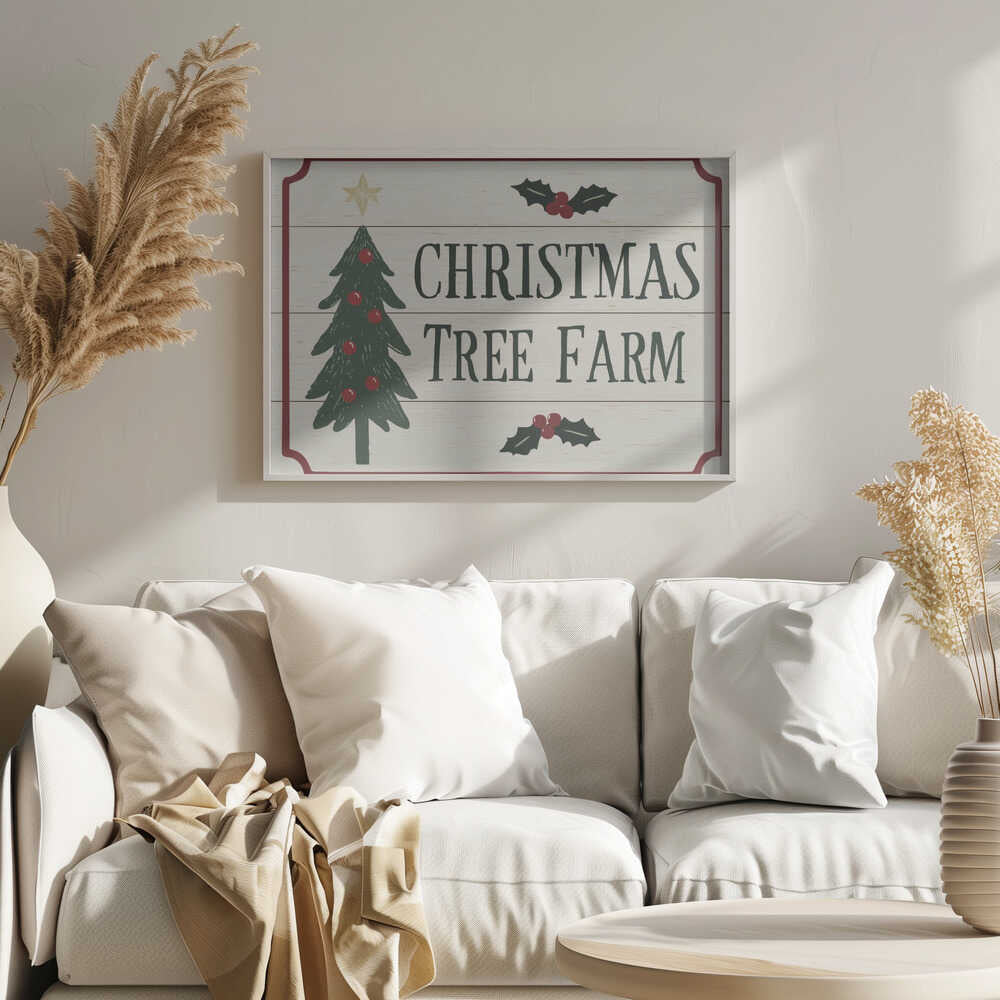 Vintage 'Christmas Tree Farm' sign with a decorated tree and holly. Rustic holiday wall art.