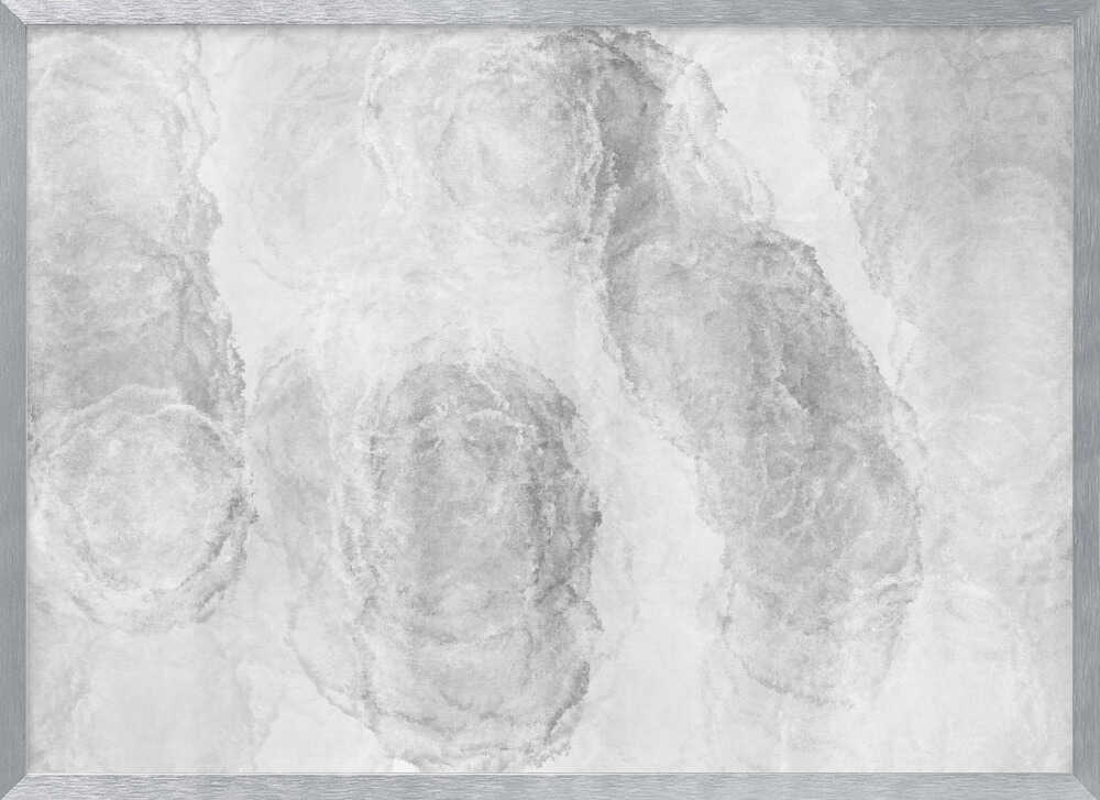 Abstract art with soft, cloud-like shapes in shades of grey and white, set in a silver frame.