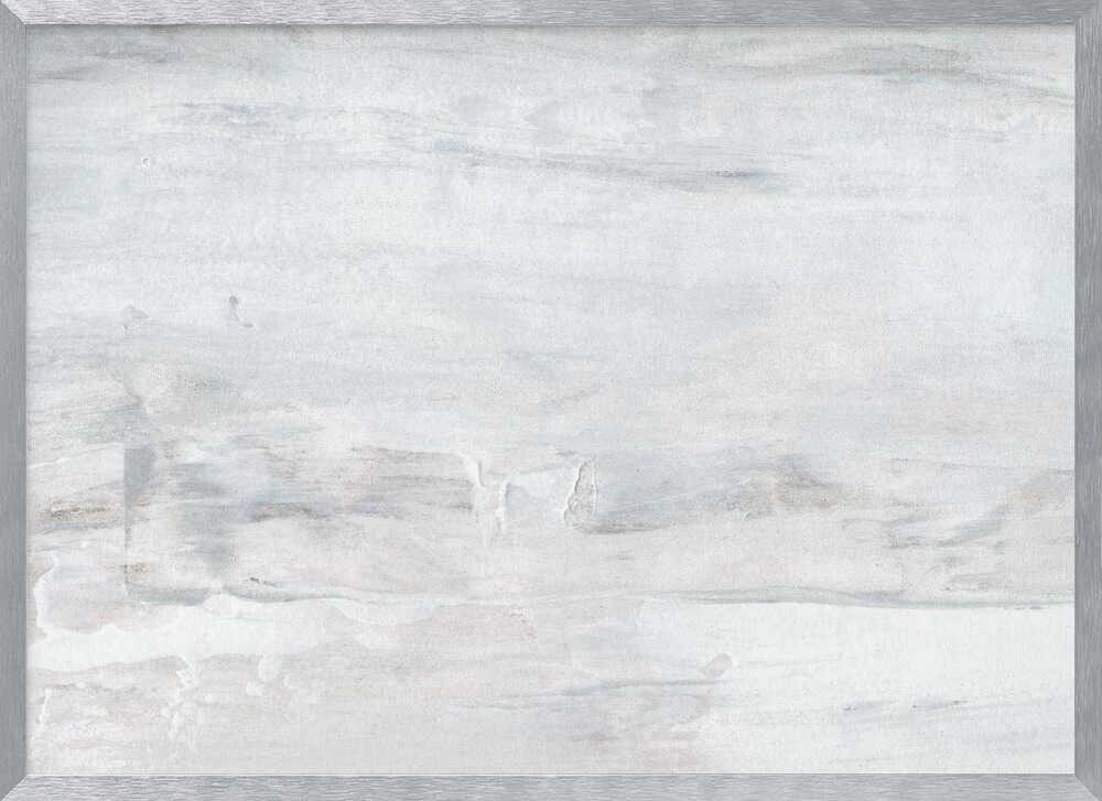 Abstract wall art with textured white and grey brushstrokes in a silver frame.