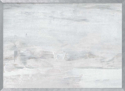 Abstract wall art with textured white and grey brushstrokes in a silver frame.