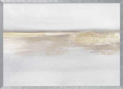 Abstract landscape art in neutral beige and white tones with shimmering gold details, set in a modern silver frame.