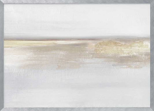 Abstract landscape art in neutral beige and white tones with shimmering gold details, set in a modern silver frame.