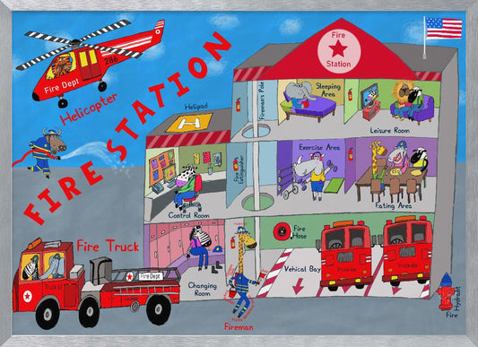 Firemen and the Fire Station by Artist Carla Daly - Poster / Art Print