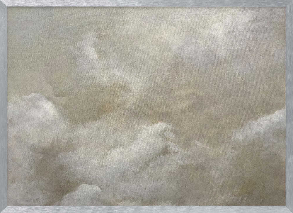 A vintage-style oil painting of fluffy white and grey clouds against a beige sky, enclosed in a silver frame.