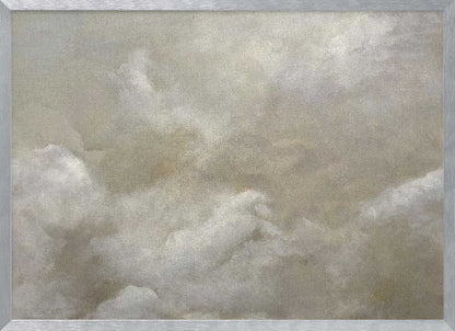 A vintage-style oil painting of fluffy white and grey clouds against a beige sky, enclosed in a silver frame.
