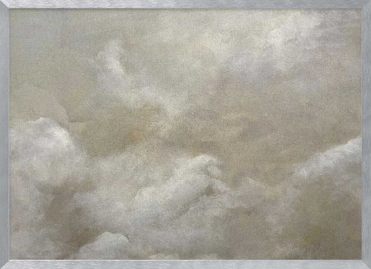 A vintage-style oil painting of fluffy white and grey clouds against a beige sky, enclosed in a silver frame.