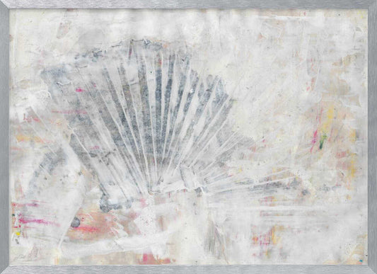 Abstract painting with a textured, fan-like shape in grey tones on a distressed white background with hints of color.