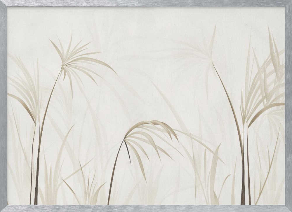 Minimalist art print of delicate beige grasses and reeds on a light background, framed in silver.
