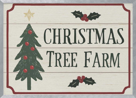 Vintage 'Christmas Tree Farm' sign with a decorated tree and holly. Rustic holiday wall art.