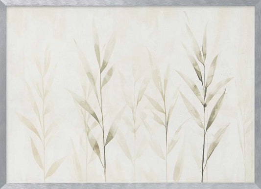 Minimalist watercolor painting of bamboo stalks in soft green and beige hues.